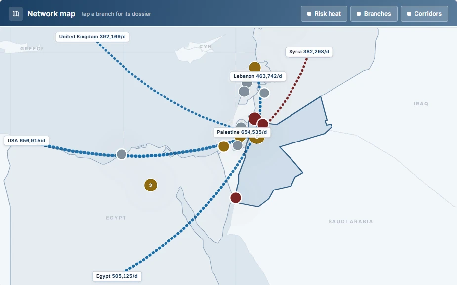 Eagle-Eye Command Center network map with branches, risk heat and remittance corridors